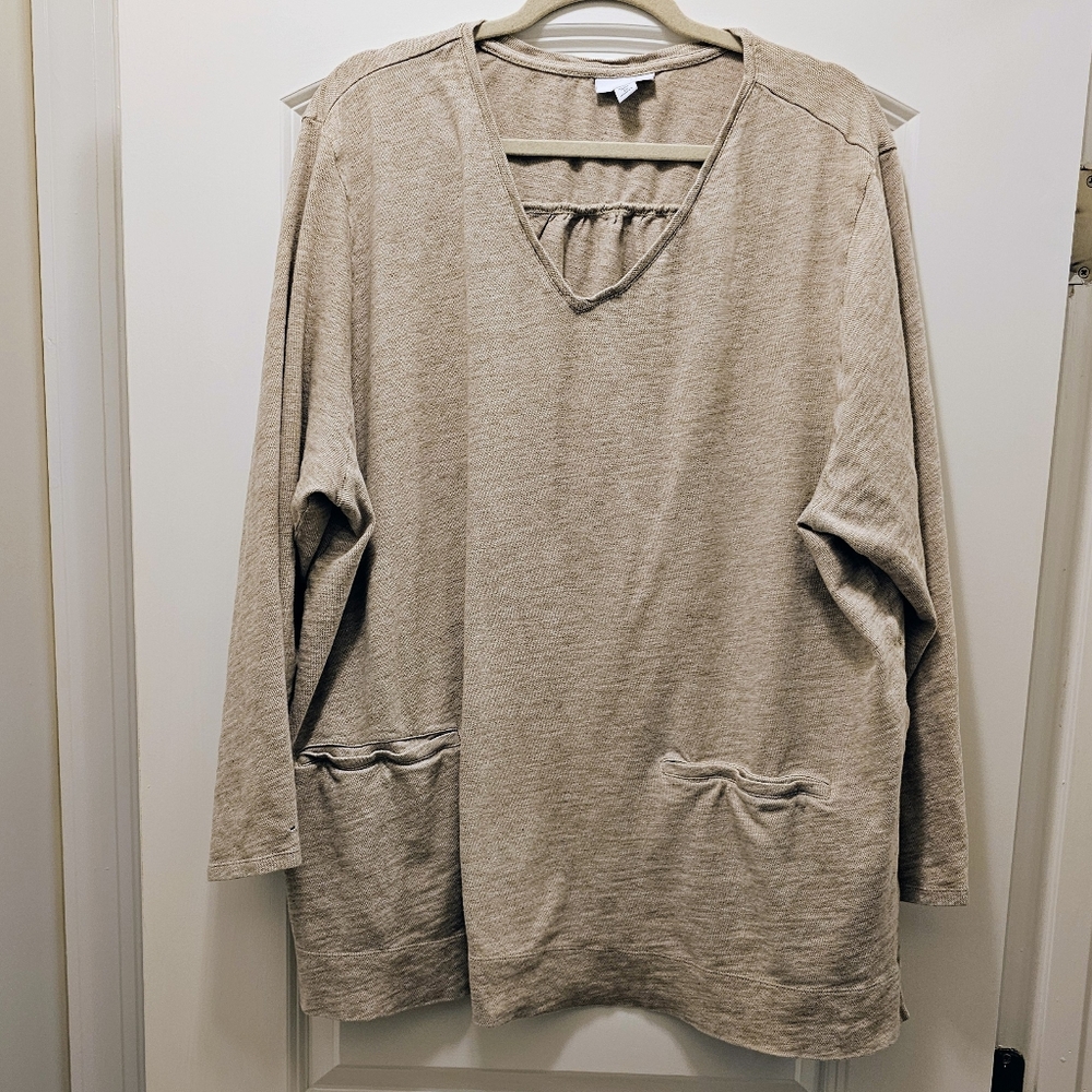 J.Jill 4X Taupe Knit Tunic Top V-Neck Long Sleeve Pockets Plus Size Relaxed - Picture 2 of 6